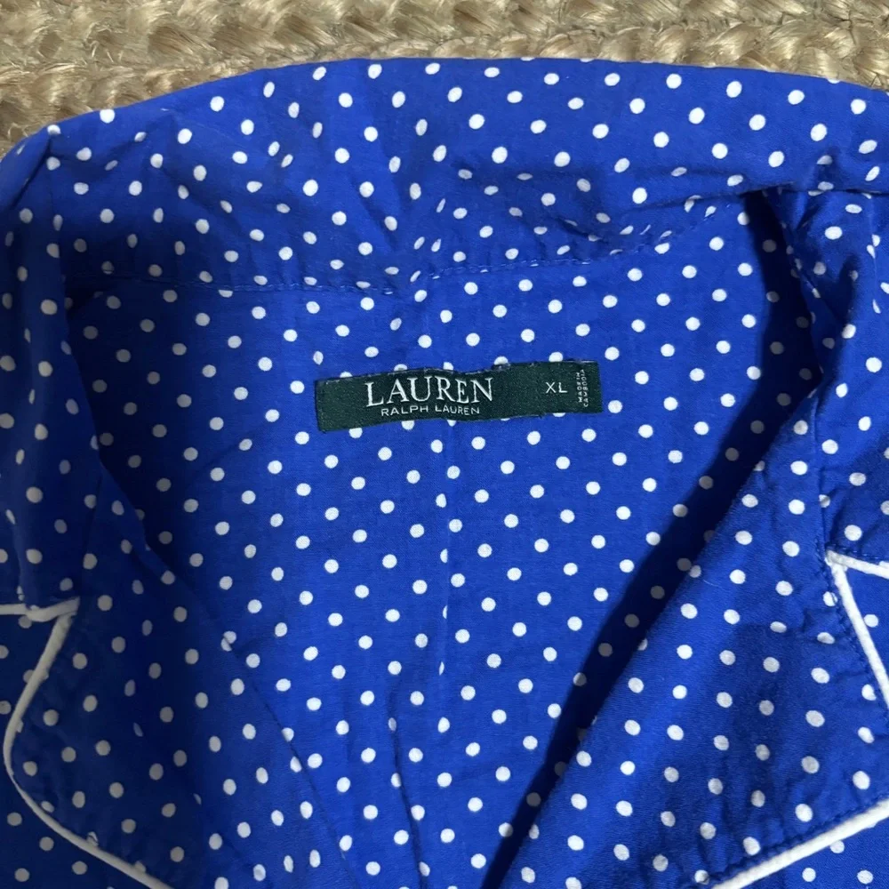 Lauren Ralph Lauren Embroidered LRL Blue Polka Dot Button Down Nightgown - Picture 3 of 4